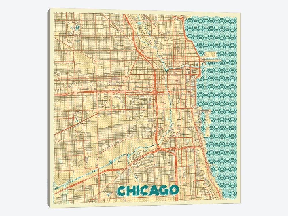 Chicago Retro Urban Blueprint Map 1-piece Canvas Print