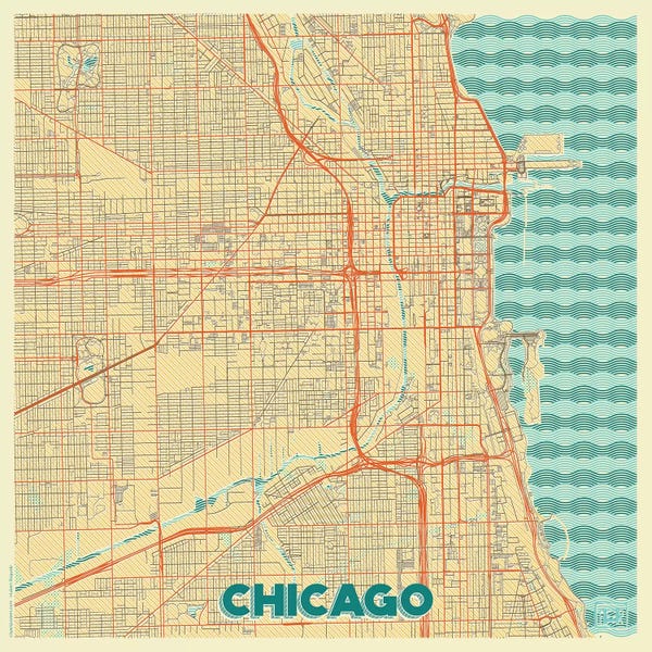 Chicago Maps: Chicago Retro Urban Blueprint Map by Hubert Roguski