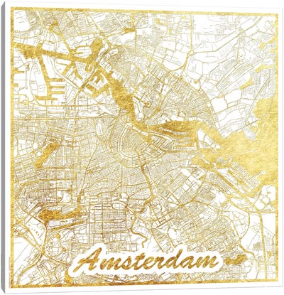 Amsterdam Gold Leaf Urban Blueprint Map Canvas Art Print - Black, White & Gold Art