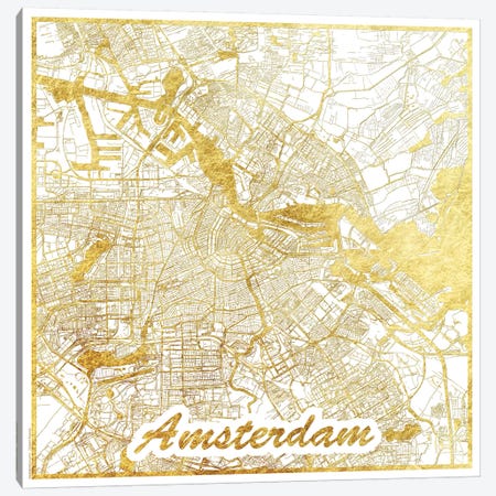 Amsterdam Gold Leaf Urban Blueprint Map Canvas Print #HUR8} by Hubert Roguski Canvas Art