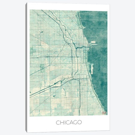 Chicago Vintage Blue Watercolor Urban Blueprint Map Canvas Print #HUR90} by Hubert Roguski Canvas Art