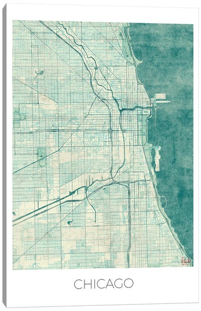 Chicago Vintage Blue Watercolor Urban Blueprint Map Canvas Art Print - Chicago Maps