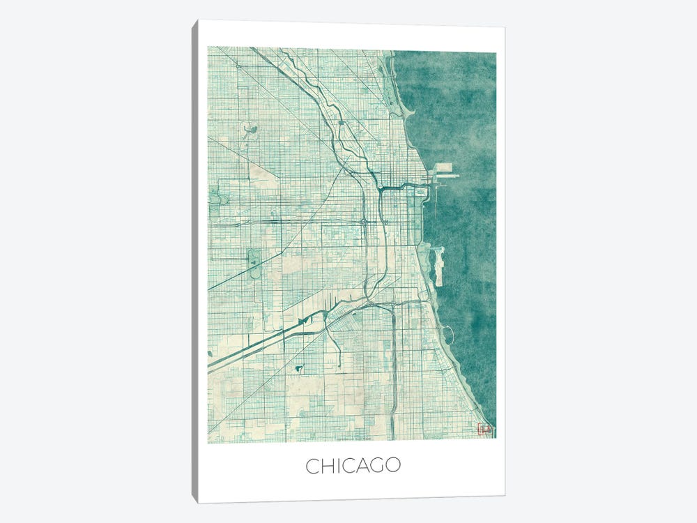 Chicago Vintage Blue Watercolor Urban Blueprint Map by Hubert Roguski 1-piece Art Print