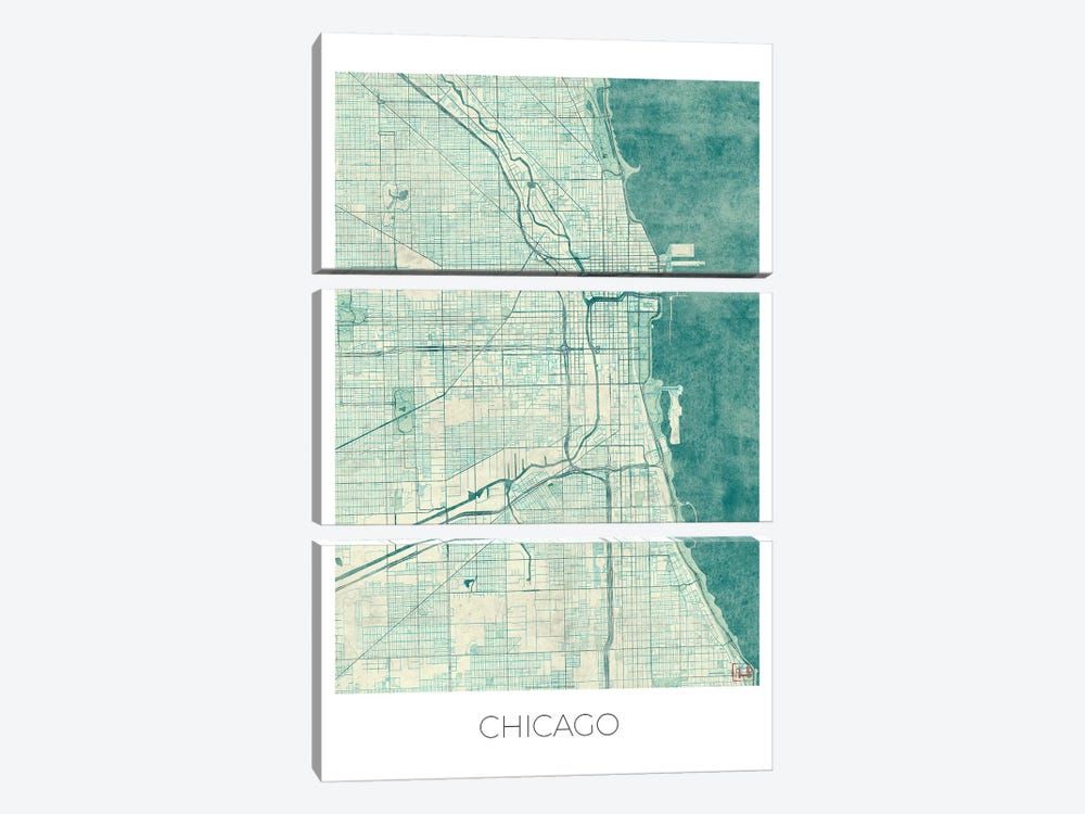 Chicago Vintage Blue Watercolor Urban Blueprint Map by Hubert Roguski 3-piece Canvas Art Print