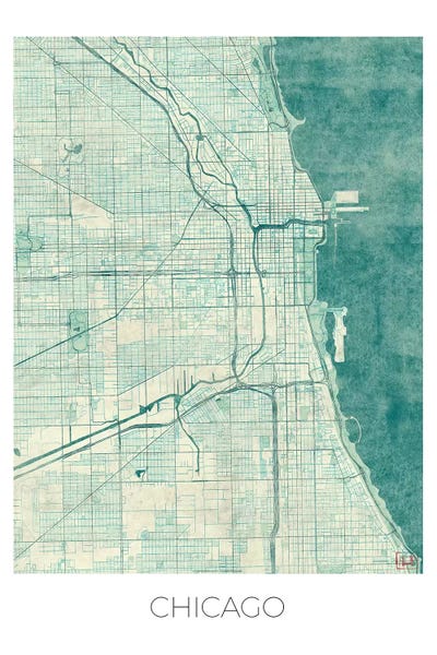 Maps: Chicago Vintage Blue Watercolor Urban Blueprint Map by Hubert Roguski