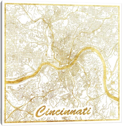 Cincinnati Gold Leaf Urban Blueprint Map Canvas Art Print - Cincinnati