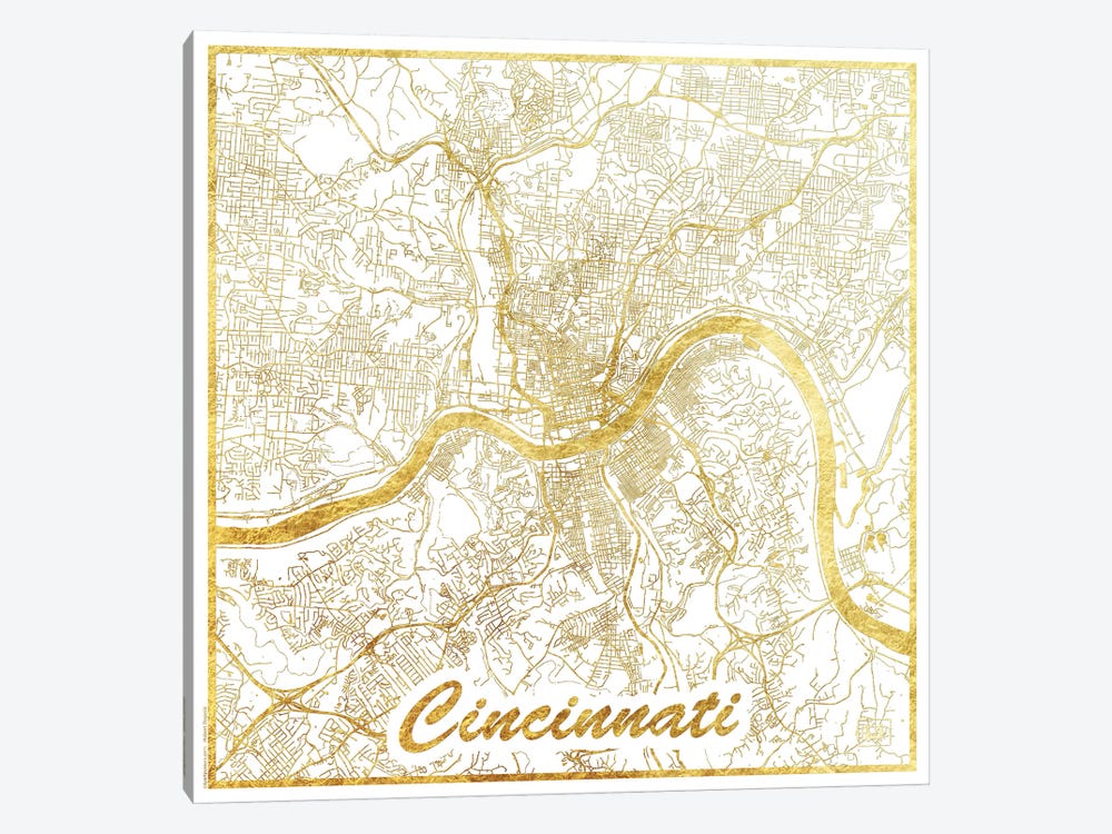 Cincinnati Gold Leaf Urban Blueprint Map by Hubert Roguski 1-piece Canvas Wall Art