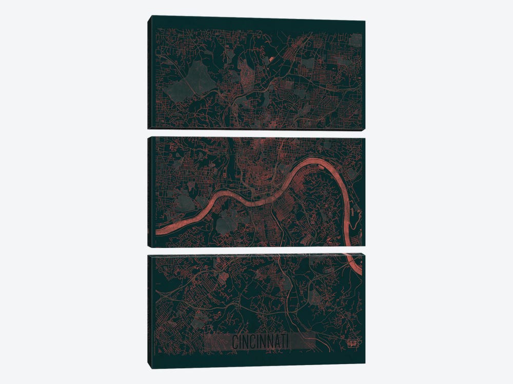 Cincinnati Infrared Urban Blueprint Map by Hubert Roguski 3-piece Canvas Wall Art