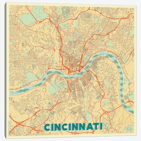 Cincinnati Retro Urban Blueprint Map Canvas Print #HUR94} by Hubert Roguski Canvas Print