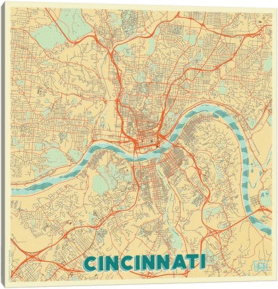 Cincinnati Retro Urban Blueprint Map Canvas Art Print - Cincinnati Art
