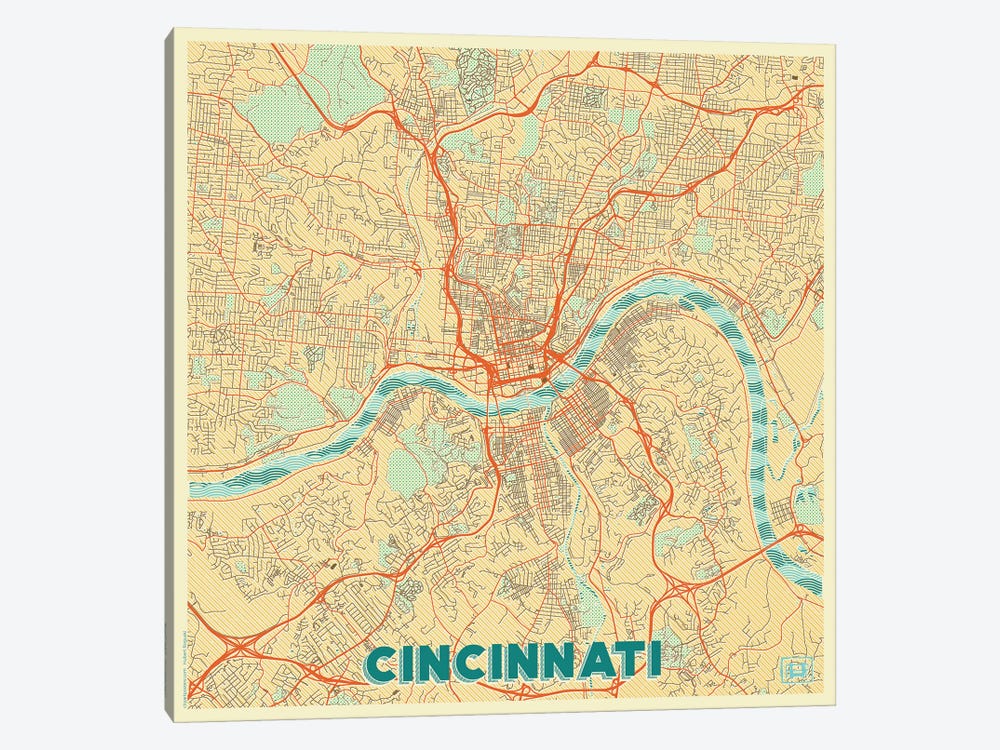 Cincinnati Retro Urban Blueprint Map by Hubert Roguski 1-piece Canvas Print