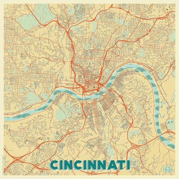 Hubert Roguski: Cincinnati Retro Urban Blueprint Map by Hubert Roguski