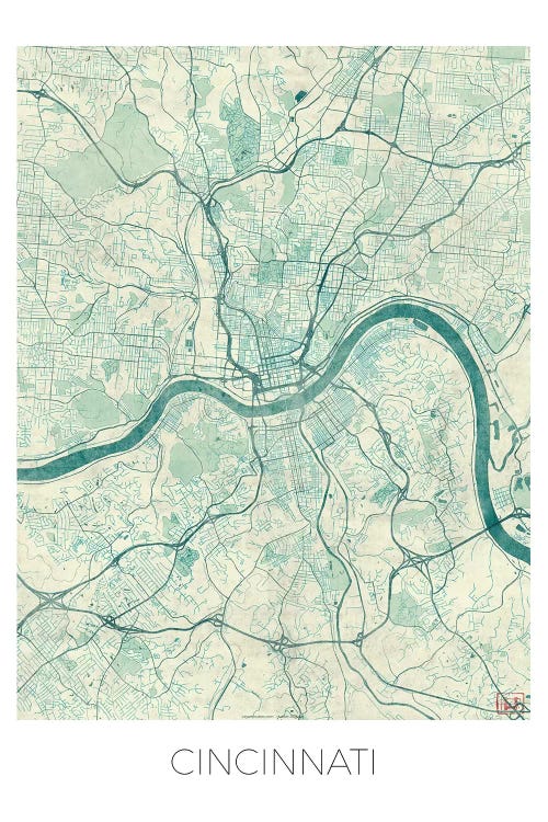 Cincinnati Vintage Blue Watercolor Urban Blueprint Map