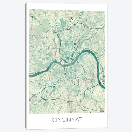Cincinnati Vintage Blue Watercolor Urban Blueprint Map Canvas Print #HUR95} by Hubert Roguski Art Print