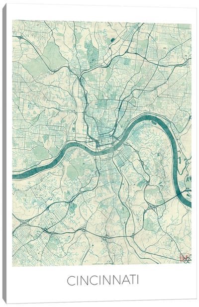 Cincinnati Vintage Blue Watercolor Urban Blueprint Map Canvas Art Print - Cincinnati