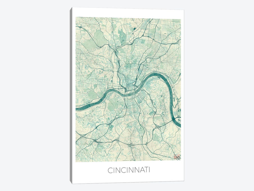 Cincinnati Vintage Blue Watercolor Urban Blueprint Map by Hubert Roguski 1-piece Canvas Artwork
