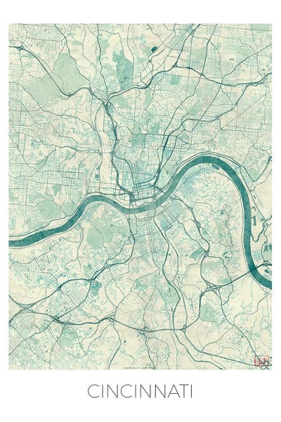 Hubert Roguski: Cincinnati Vintage Blue Watercolor Urban Blueprint Map by Hubert Roguski