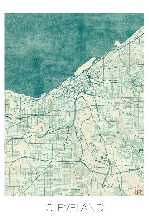 Cleveland Vintage Blue Watercolor Urban Blueprint Map