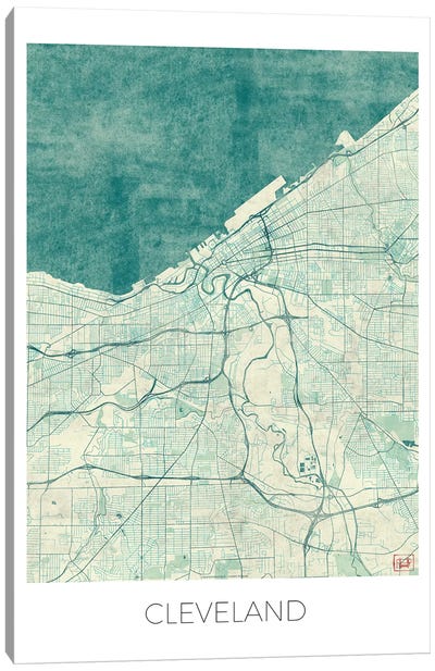 Cleveland Vintage Blue Watercolor Urban Blueprint Map Canvas Art Print - Cleveland