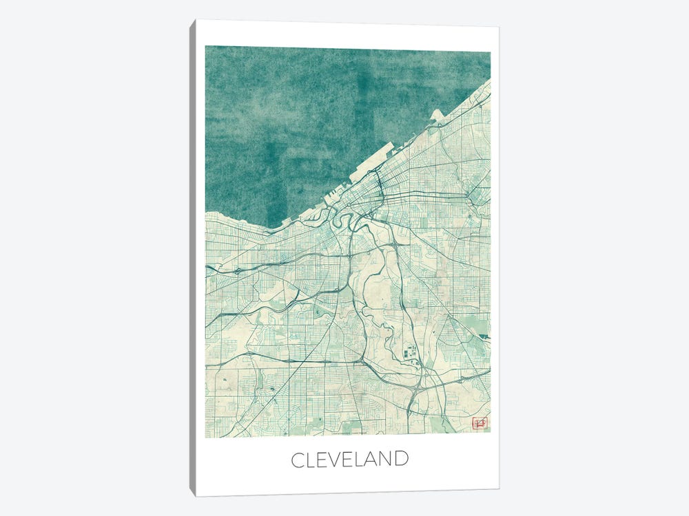 Cleveland Vintage Blue Watercolor Urban Blueprint Map by Hubert Roguski 1-piece Canvas Wall Art