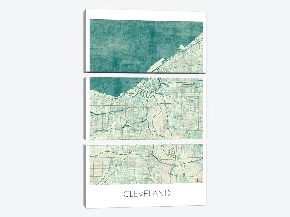 Cleveland Vintage Blue Watercolor Urban Blueprint Map by Hubert Roguski 3-piece Canvas Artwork