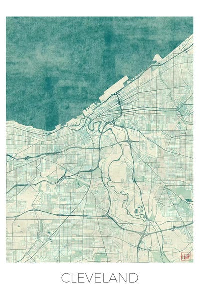 Hubert Roguski: Cleveland Vintage Blue Watercolor Urban Blueprint Map by Hubert Roguski