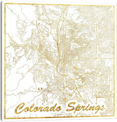 Colorado Springs Gold Leaf Urban Blueprint Map Canvas Art Print - Black, White & Gold Art