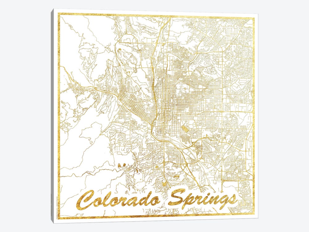 Colorado Springs Gold Leaf Urban Blueprint Map by Hubert Roguski 1-piece Canvas Art