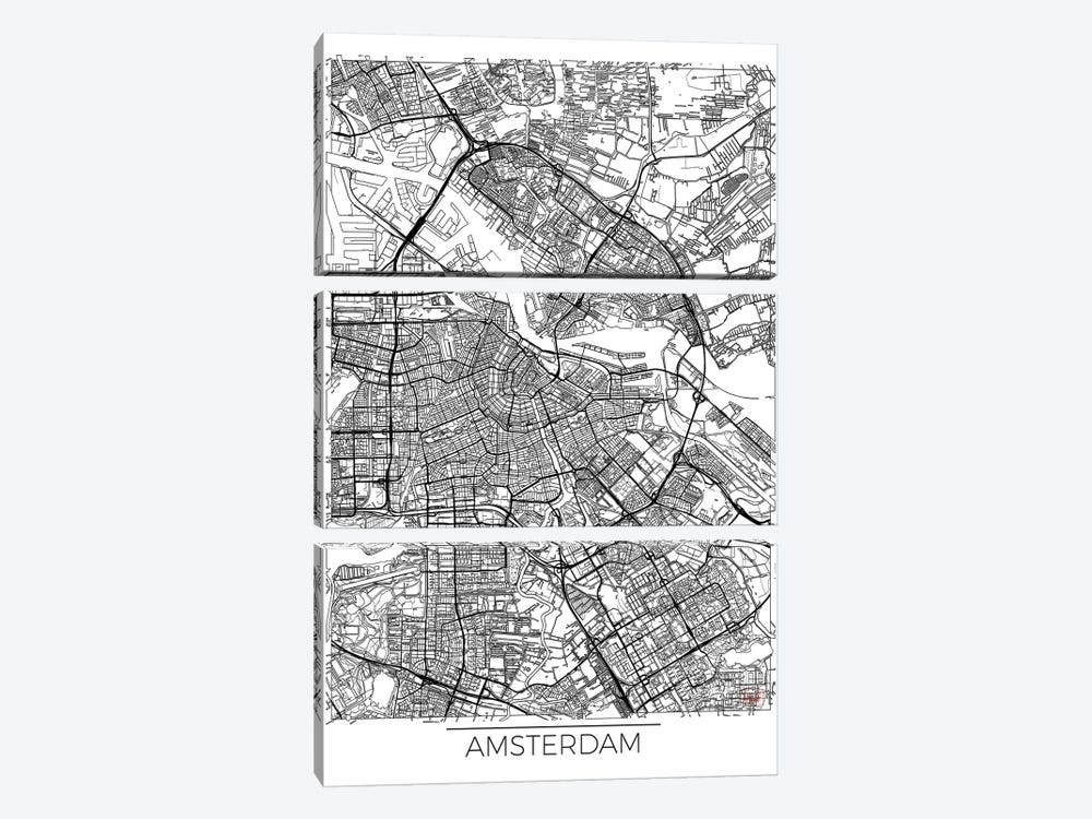 Amsterdam Minimal Urban Blueprint Map 3-piece Canvas Art