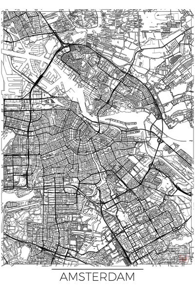 Large Map Art - Canvas Prints: Amsterdam Minimal Urban Blueprint Map by Hubert Roguski