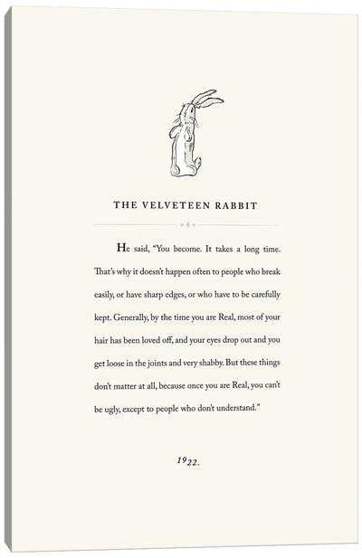 Velveteen Rabbit Book Page Illustration Canvas Art Print - Animal Typography