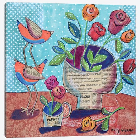 Flowers And Stacked Birds Canvas Print #HWJ12} by Holly Wojahn Canvas Print