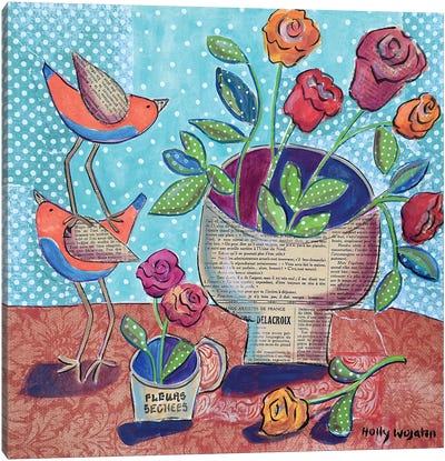 Flowers And Stacked Birds Canvas Art Print - Holly Wojahn