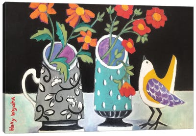 Two Cheery Vases And A Chirp Canvas Art Print - Holly Wojahn