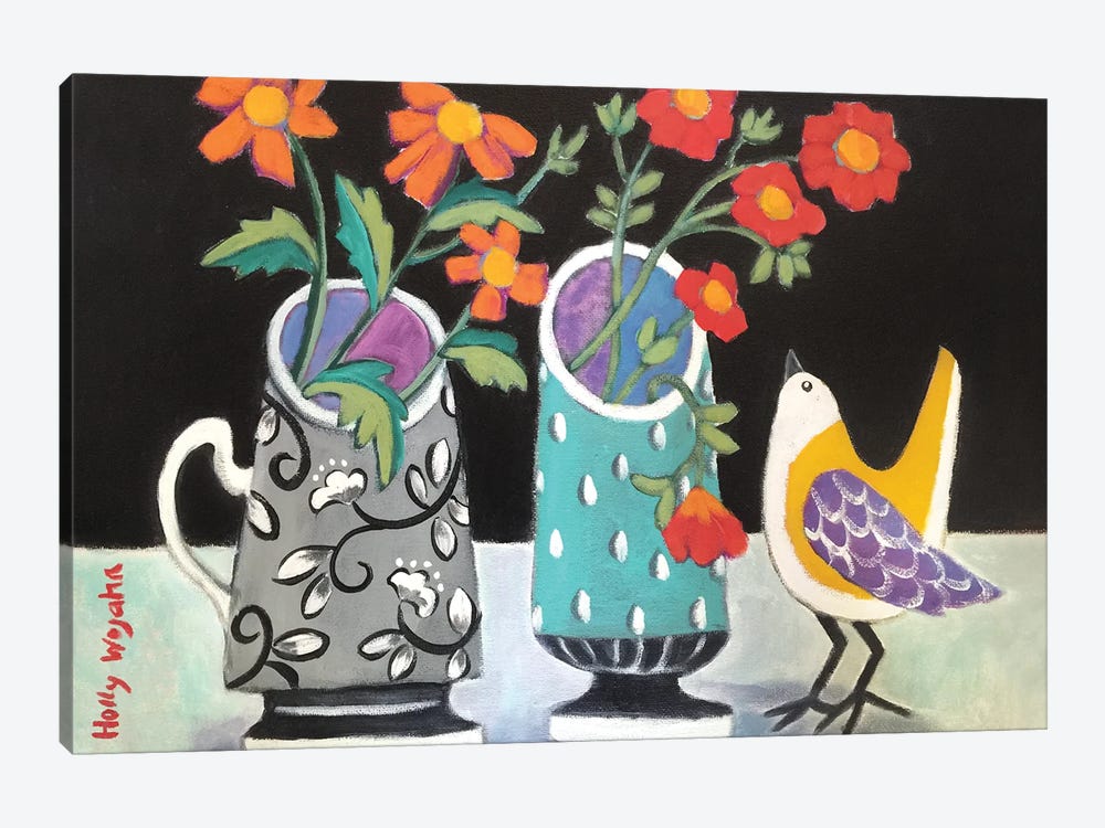 Two Cheery Vases And A Chirp by Holly Wojahn 1-piece Canvas Art