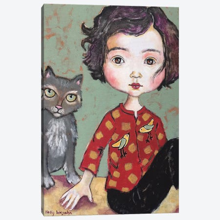Girl With Cat Canvas Print #HWJ33} by Holly Wojahn Canvas Art Print