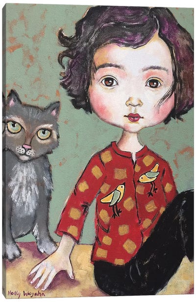Girl With Cat Canvas Art Print - Holly Wojahn