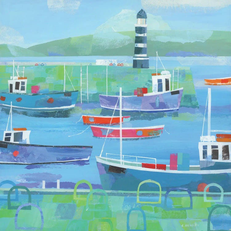 Boats And Lighthouse by Claire Henley wall art