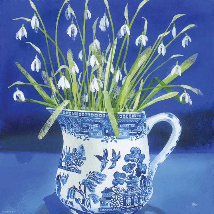 Snowdrops In The Willow Pattern Jug by Claire Henley wall art