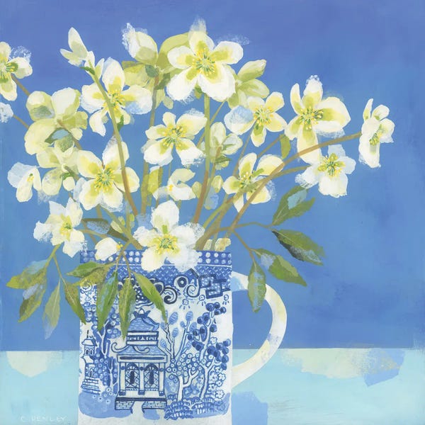 Claire Henley: Hellebores In The Willow Pattern Mug by Claire Henley