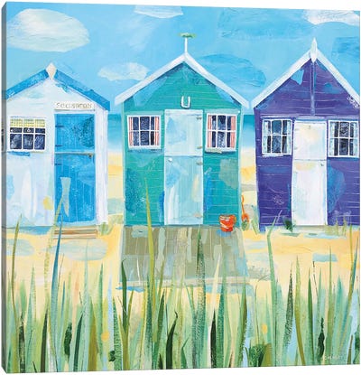 Three Beach Huts Canvas Art Print - Claire Henley
