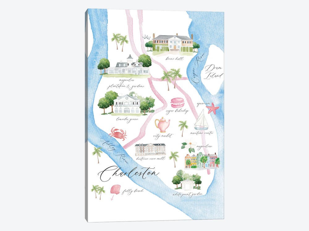 Charleston South Carolina Map by Sarah Hayden 1-piece Canvas Artwork