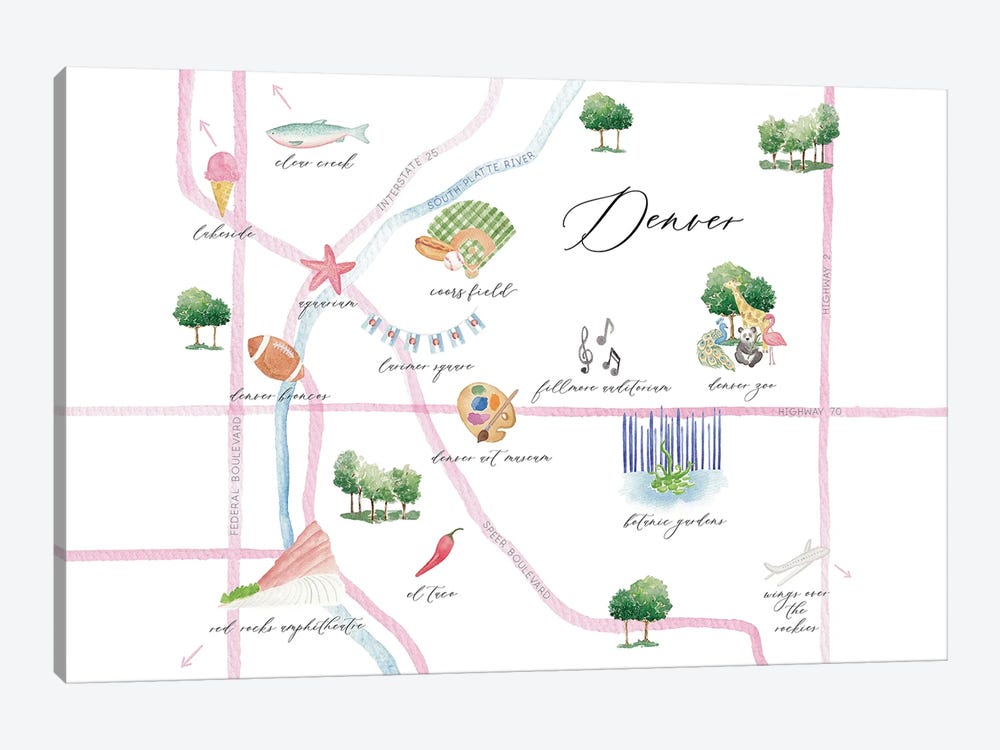Denver Colorado Map by Sarah Hayden 1-piece Canvas Wall Art