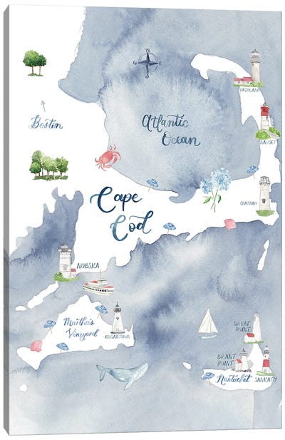 Cape Cod And Islands Map Canvas Art Print - Massachusetts Art