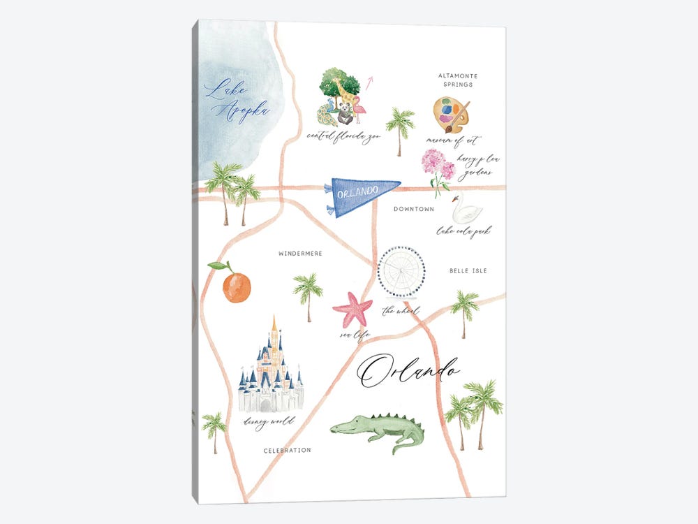 Orlando Florida Map by Sarah Hayden 1-piece Canvas Artwork