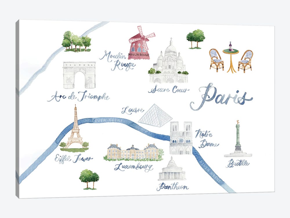 Paris France Map by Sarah Hayden 1-piece Canvas Wall Art