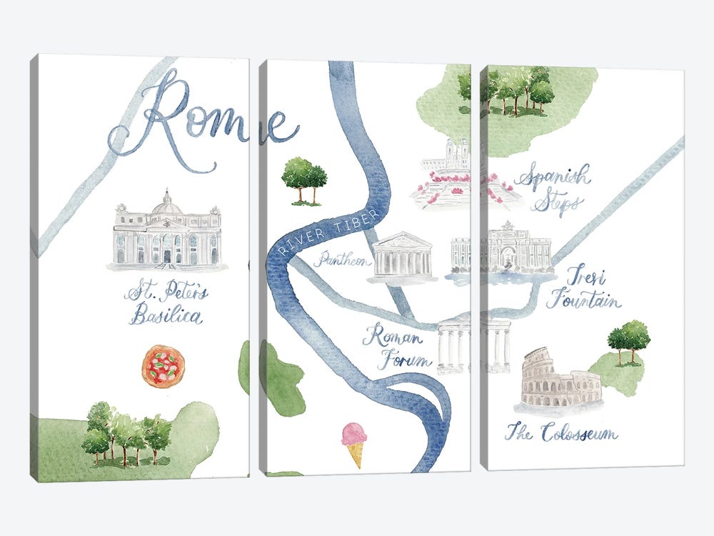 Rome Italy Map by Sarah Hayden 3-piece Canvas Art Print