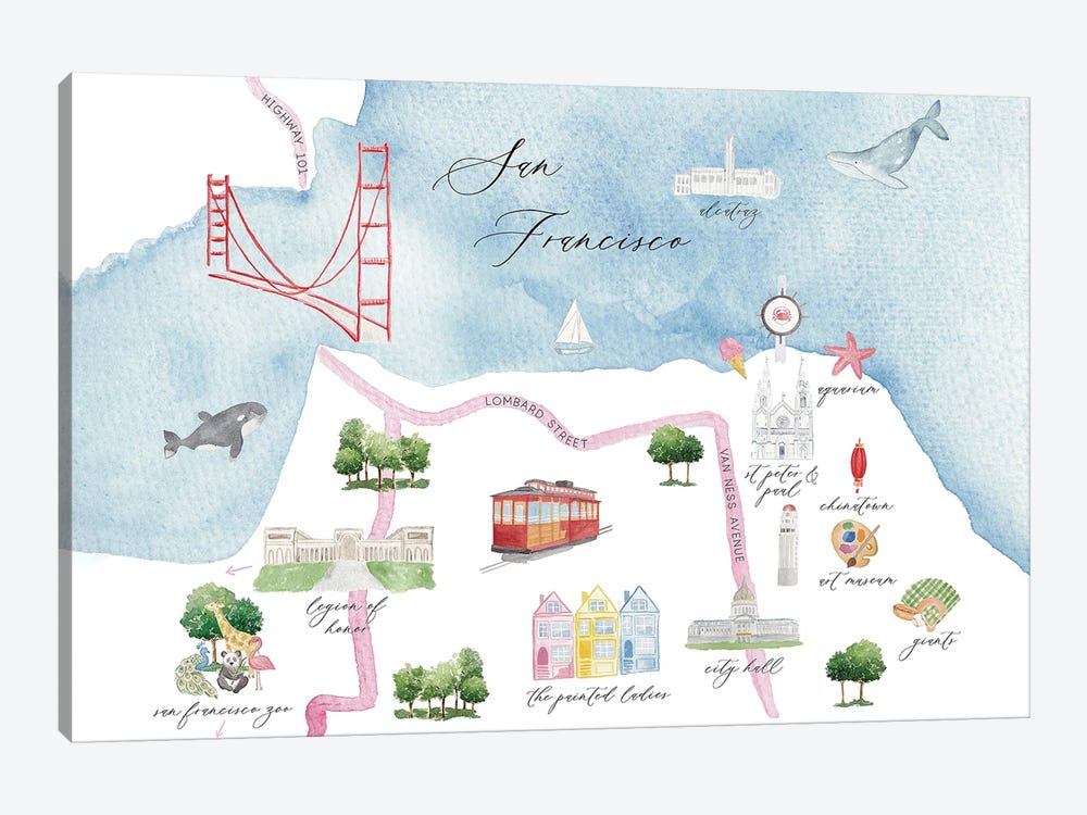 San Francisco California Map by Sarah Hayden 1-piece Canvas Art Print