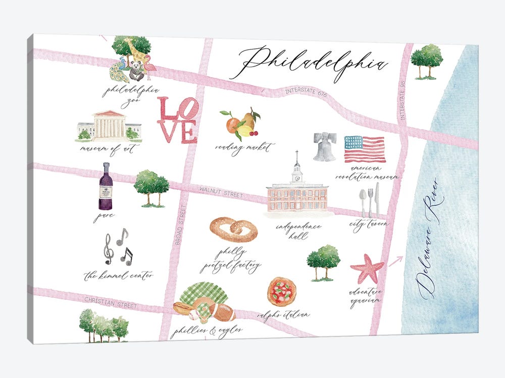 Philadelphia Pennsylvania Map by Sarah Hayden 1-piece Canvas Art Print