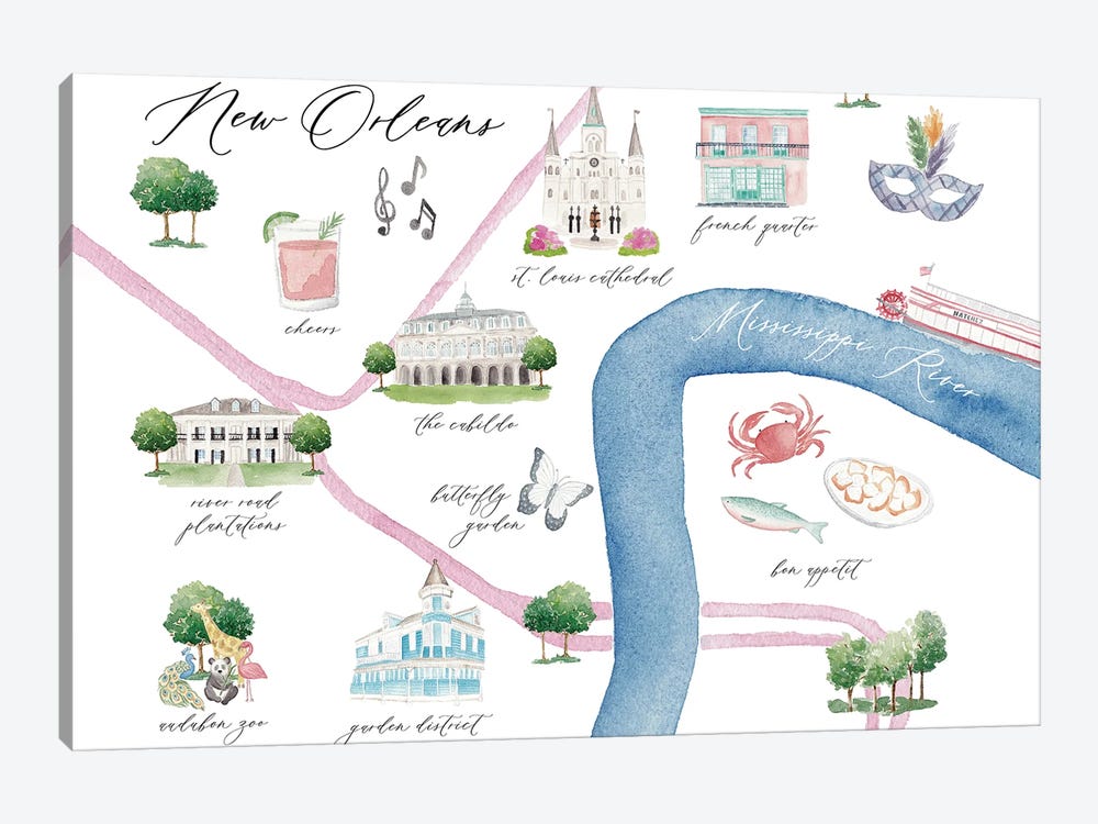 New Orleans Louisiana Map II by Sarah Hayden 1-piece Canvas Print